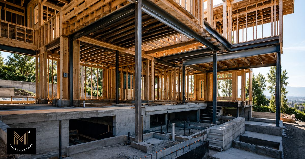 Residential construction site with exposed concrete foundation, steel supports, and wood framing, representing structural system alternatives evaluated through value engineering.