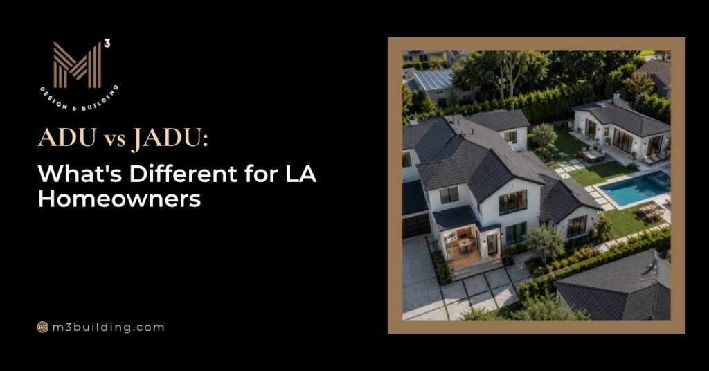 Aerial view of a Los Angeles residential property featuring a primary residence and a detached accessory dwelling, illustrating ADU and JADU planning concepts.