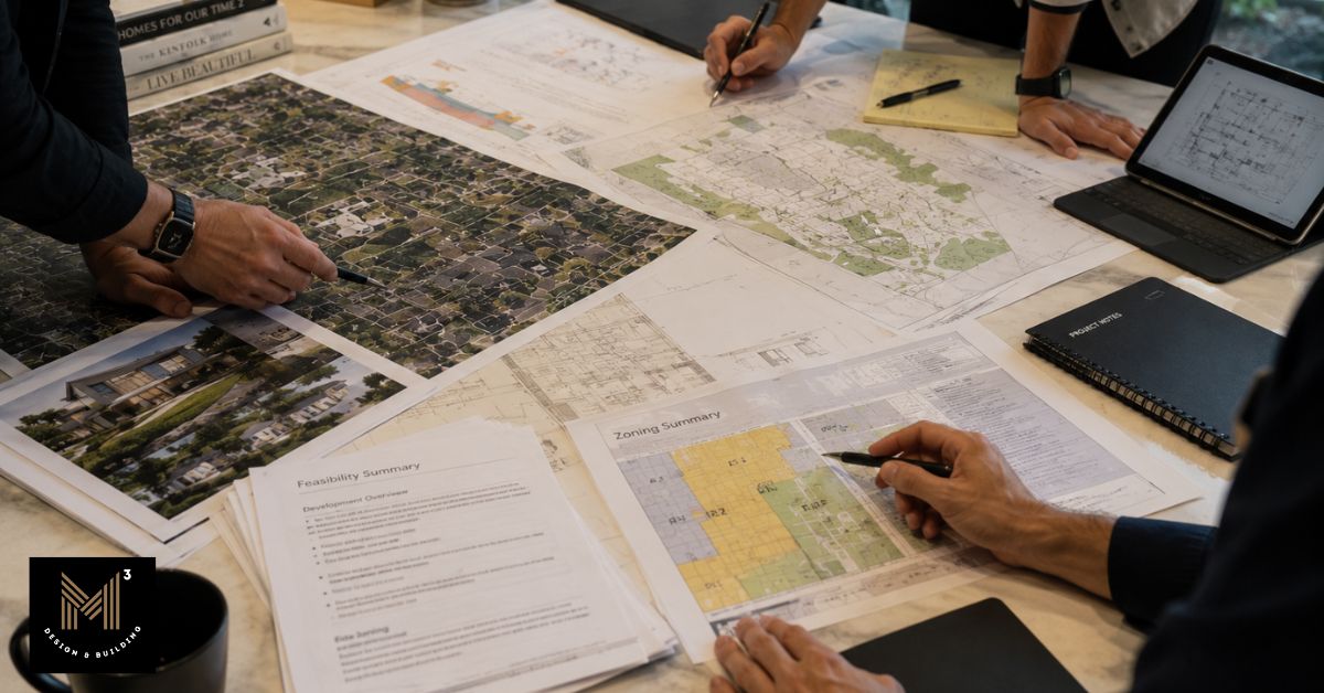 Planning team reviewing zoning maps, aerial imagery, site plans, and feasibility documents during an SB9 feasibility assessment for a Los Angeles residential property.