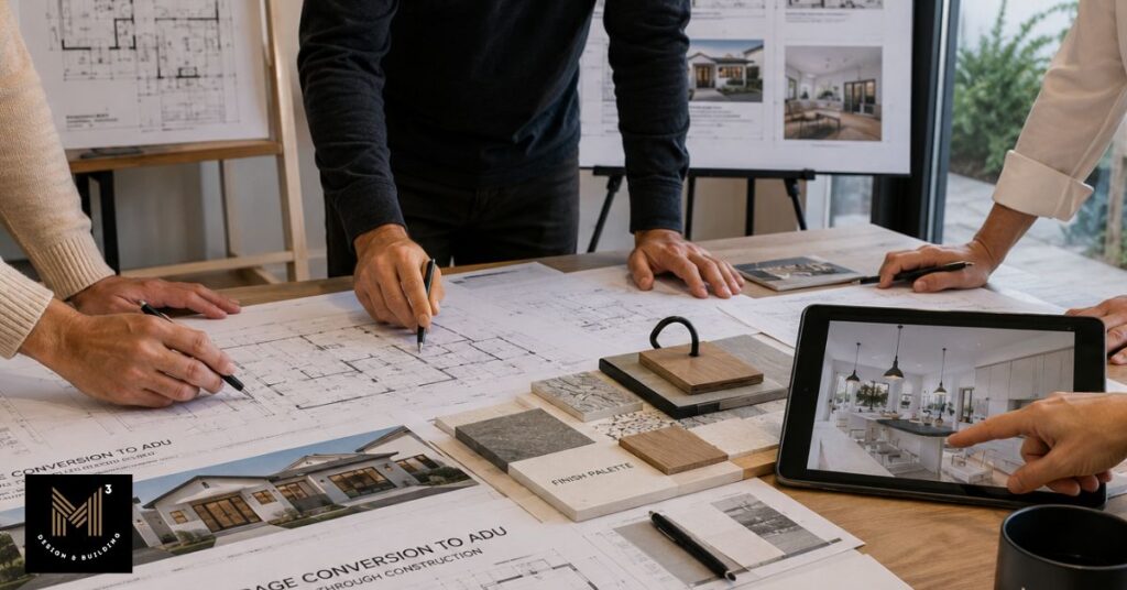 M-Cubed Design & Building team reviewing garage-to-ADU architectural plans, finish samples, and digital design renderings during a coordinated pre-construction planning meeting in Los Angeles.