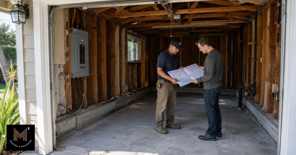 Contractor reviewing construction plans with a homeowner inside a garage during a Los Angeles garage-to-ADU conversion consultation.