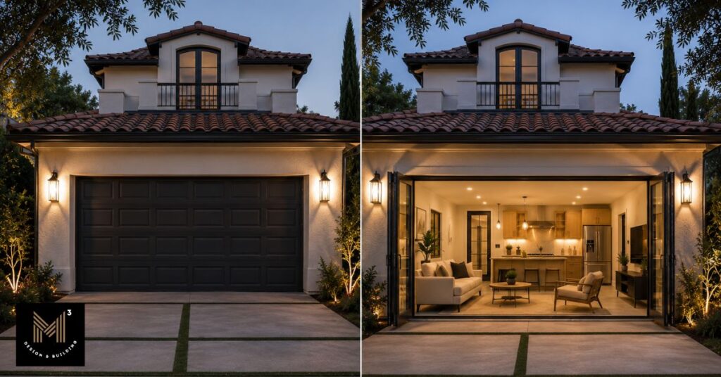 Side-by-side comparison illustrating a garage before conversion and after being transformed into a fully finished accessory dwelling unit (ADU).