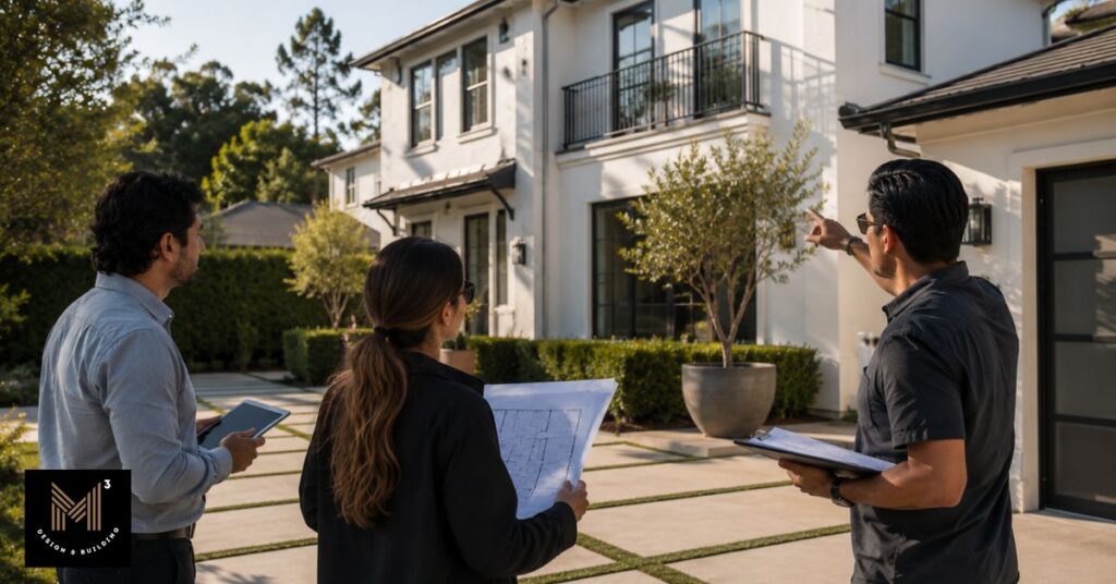 Design professionals and a property owner assessing a residential home in Los Angeles during a pre-construction site review for an ADU or JADU project.