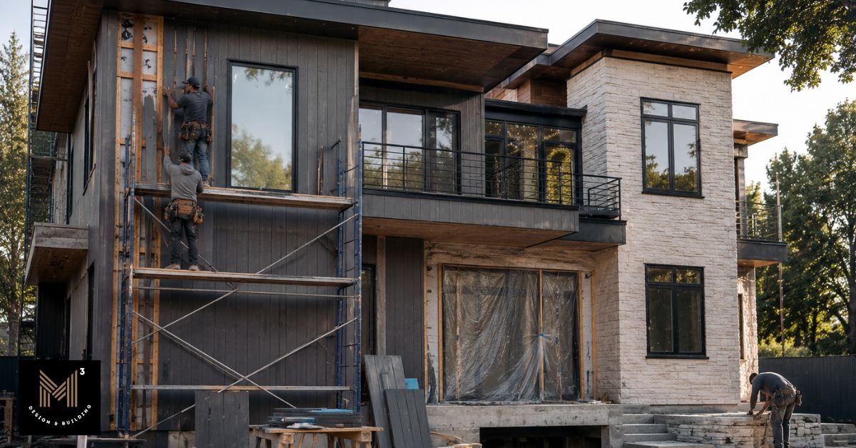Workers installing exterior cladding on a modern custom home under construction, illustrating how material and finish alternatives are evaluated during value engineering while maintaining the project's design intent.