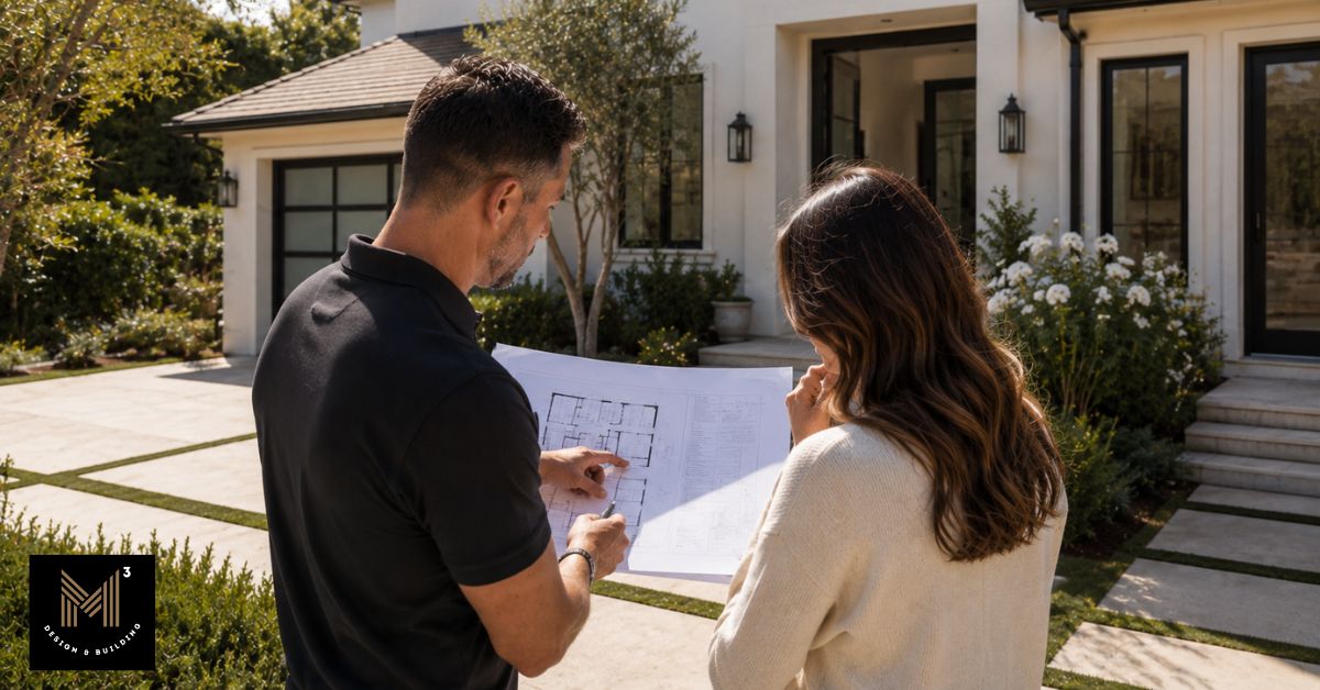 Homeowner and construction professional reviewing floor plans outside a residence while discussing JADU planning requirements, owner-occupancy rules, and second-unit feasibility.