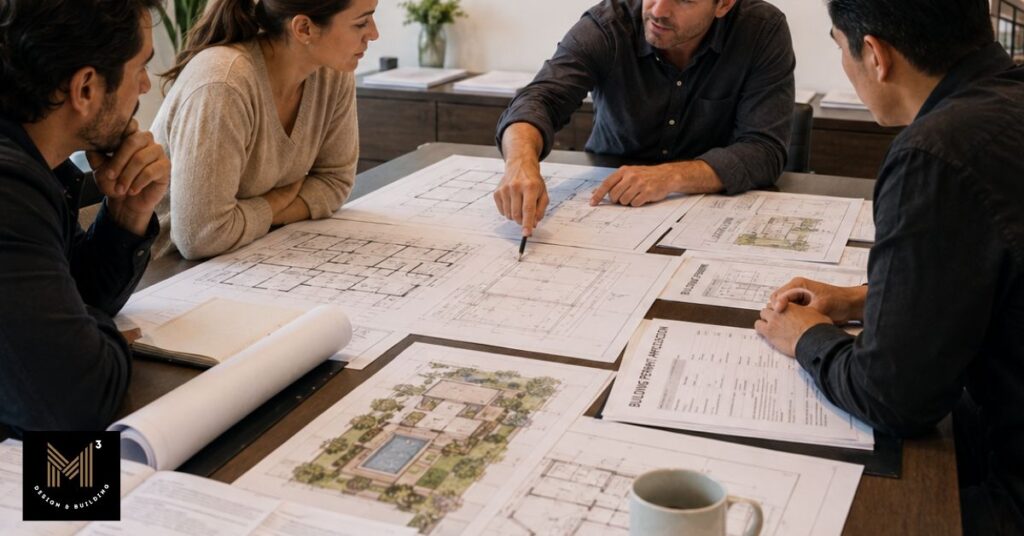 Pre-construction planning meeting with architects, engineers, and a property owner reviewing residential construction drawings and permitting documents for an ADU or JADU project.