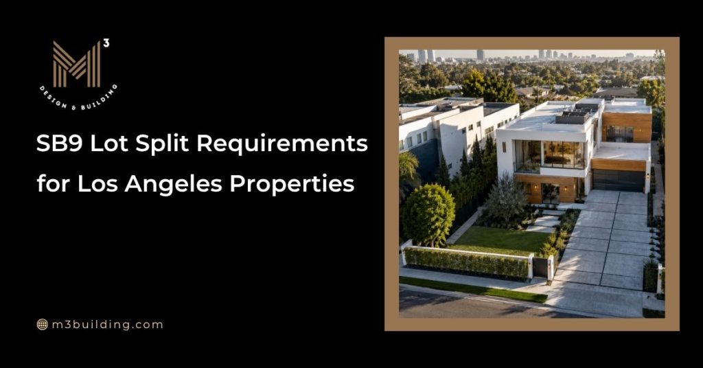Featured image for an article about SB9 lot split requirements in Los Angeles, showing a modern single-family home on a large residential lot that may be suitable for urban lot split evaluation under SB9.