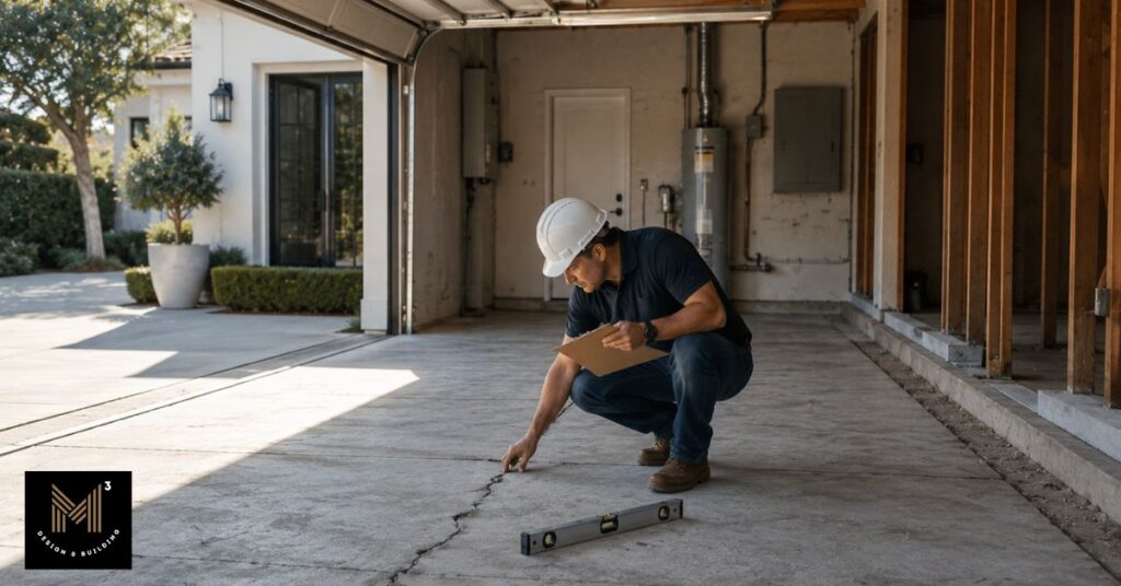 Inspector evaluating the condition of a garage foundation and concrete slab before a residential ADU conversion project.