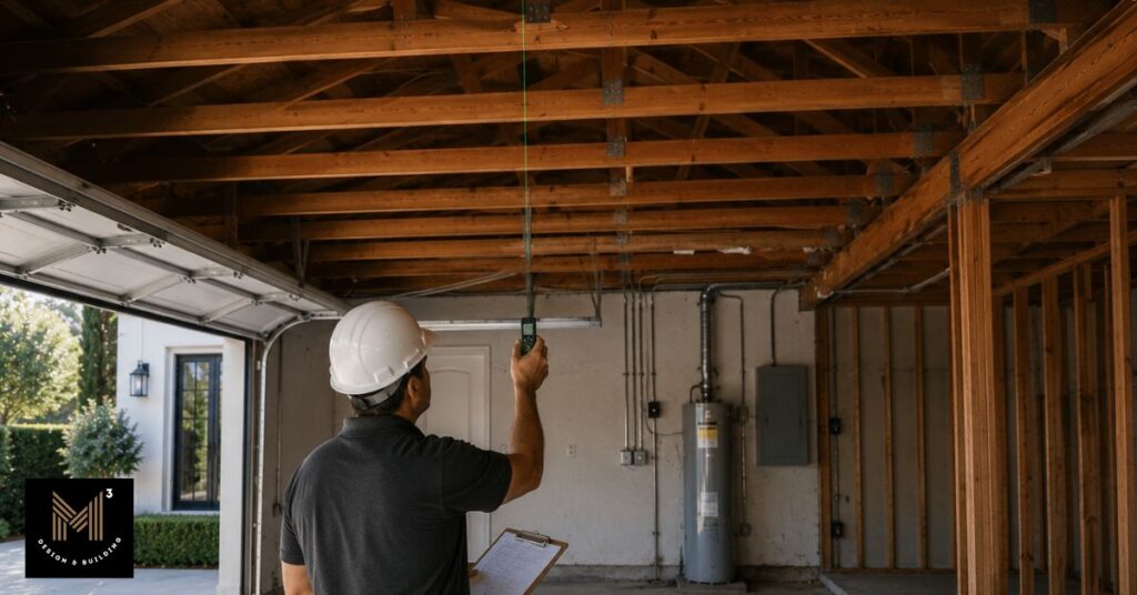 Construction professional using a laser measuring tool to evaluate ceiling height and exposed roof framing inside an existing garage before a garage-to-ADU conversion.
