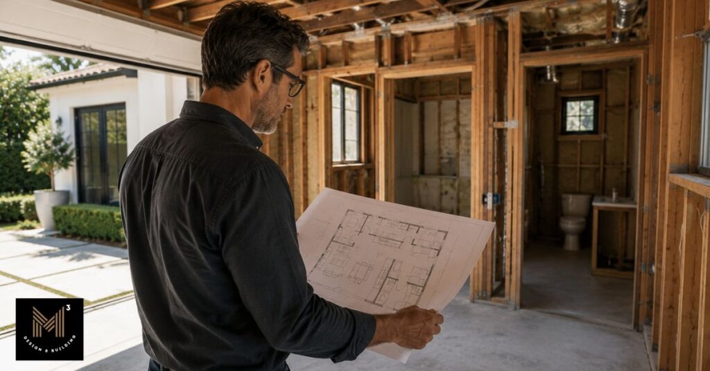 Construction professional evaluating architectural plans inside an unfinished garage while planning the interior layout for an ADU conversion.