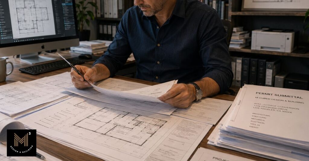 Designer reviewing architectural plans and permit documents during the plan submission stage for a garage-to-ADU conversion, preparing a residential project for agency review.