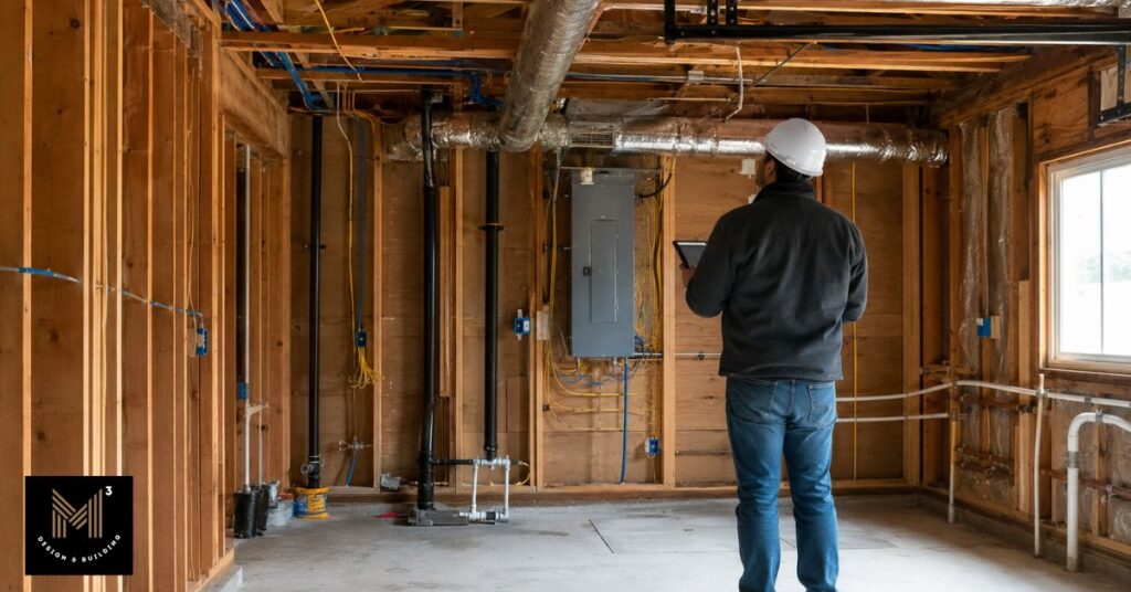 Construction professional inspecting electrical wiring, plumbing rough-ins, and HVAC ductwork inside a garage during utility upgrades for a garage-to-ADU conversion.