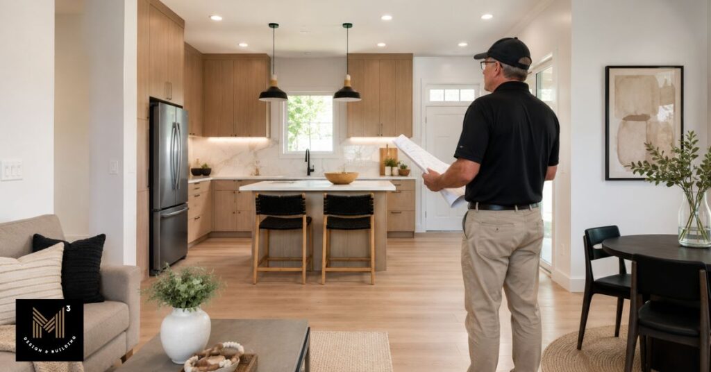 Inspector reviewing a completed garage conversion ADU with architectural plans during the final inspection before residential occupancy.