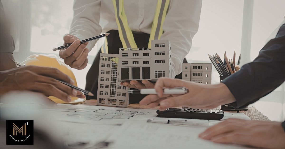 Project team reviewing a scale building model, architectural plans, and cost calculations during a value engineering meeting, illustrating the importance of coordinated decision-making to avoid project risks.