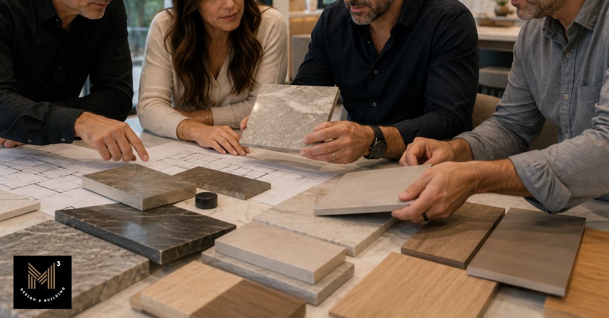 Construction professionals reviewing tile, stone, and finish samples over project drawings, illustrating the difference between value engineering and simple cost cutting.