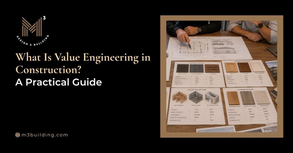 Construction professionals reviewing value engineering options, including material samples, structural alternatives, and cost-performance comparisons during pre-construction planning.