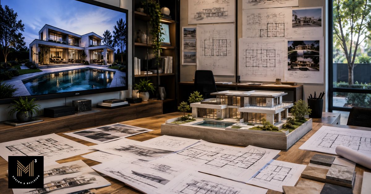 Architectural design studio with a physical home model, construction drawings, and digital renderings, representing value engineering before construction documents are finalized.