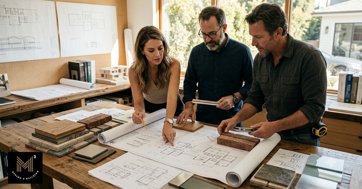 Design and construction professionals reviewing architectural plans and materials to coordinate design, engineering, and construction teams.