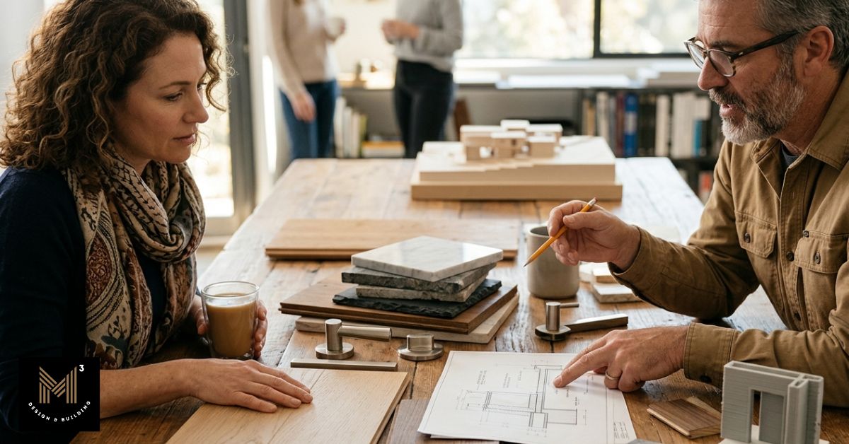 Homeowner and construction professional reviewing material selections and plans to support long-term value protection in a residential project.