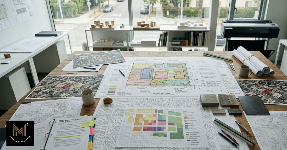Architectural workspace displaying zoning maps, parcel analysis, site plans, and regulatory documents for a construction feasibility study in Los Angeles.
