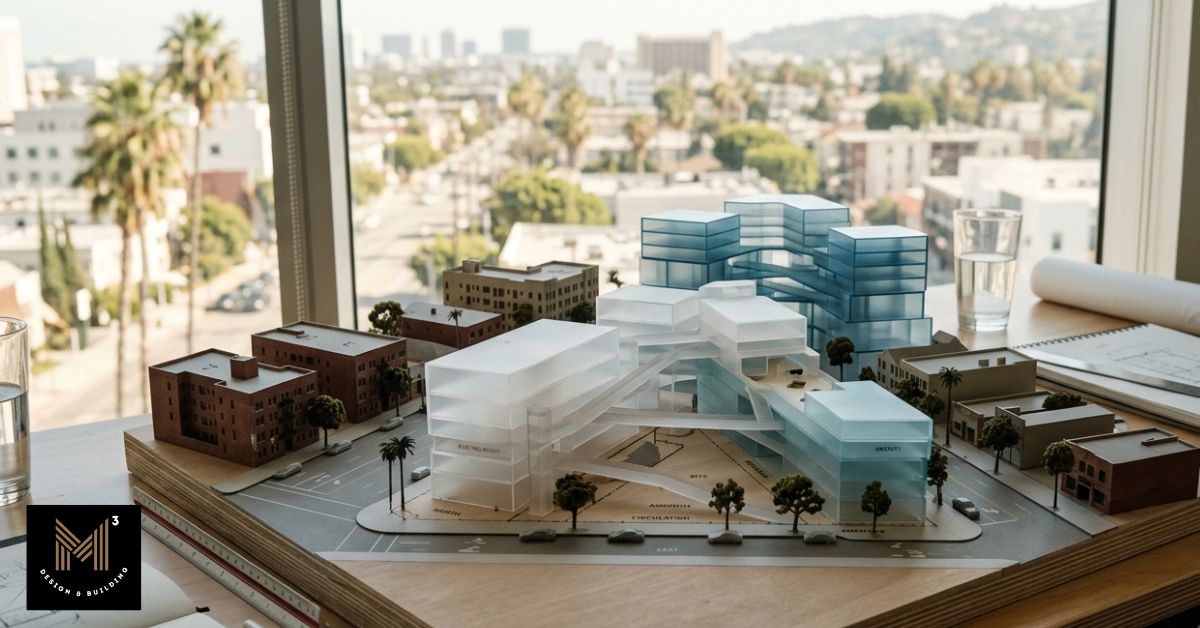 Architectural scale model illustrating a preliminary massing study used to evaluate building layout and site fit during a construction feasibility study.