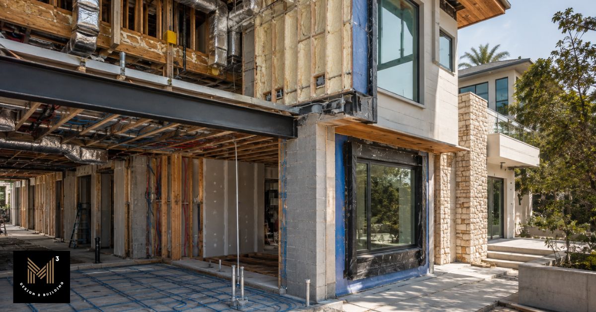 Partially built residential home illustrating how structural work, mechanical systems, and exterior finishes contribute to construction feasibility and budgeting.