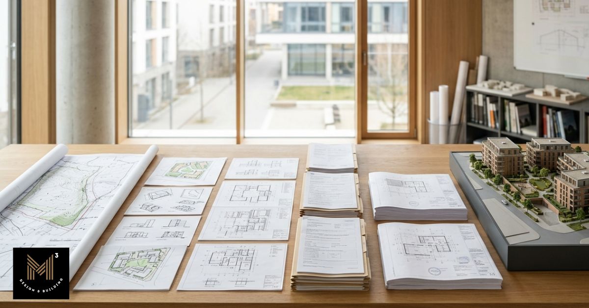 Pre-construction coordination workspace with architectural drawings, permitting documents, project schedules, and residential development planning materials.