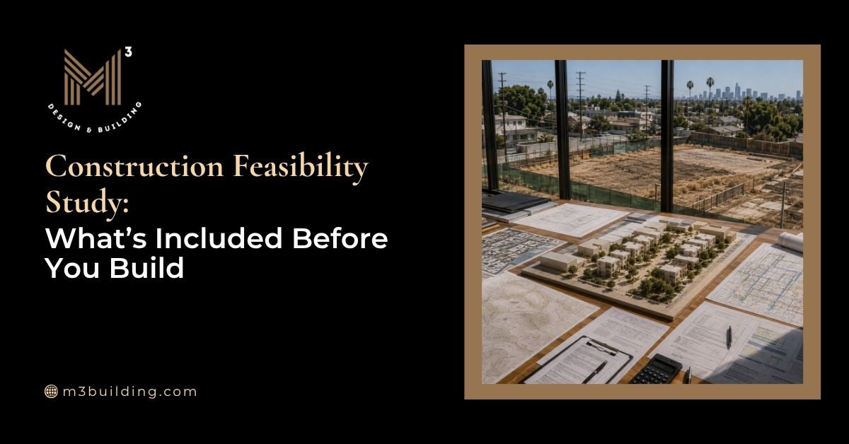 Construction feasibility study workspace featuring a residential site model, architectural plans, feasibility documents, and an undeveloped Los Angeles project site before construction begins.