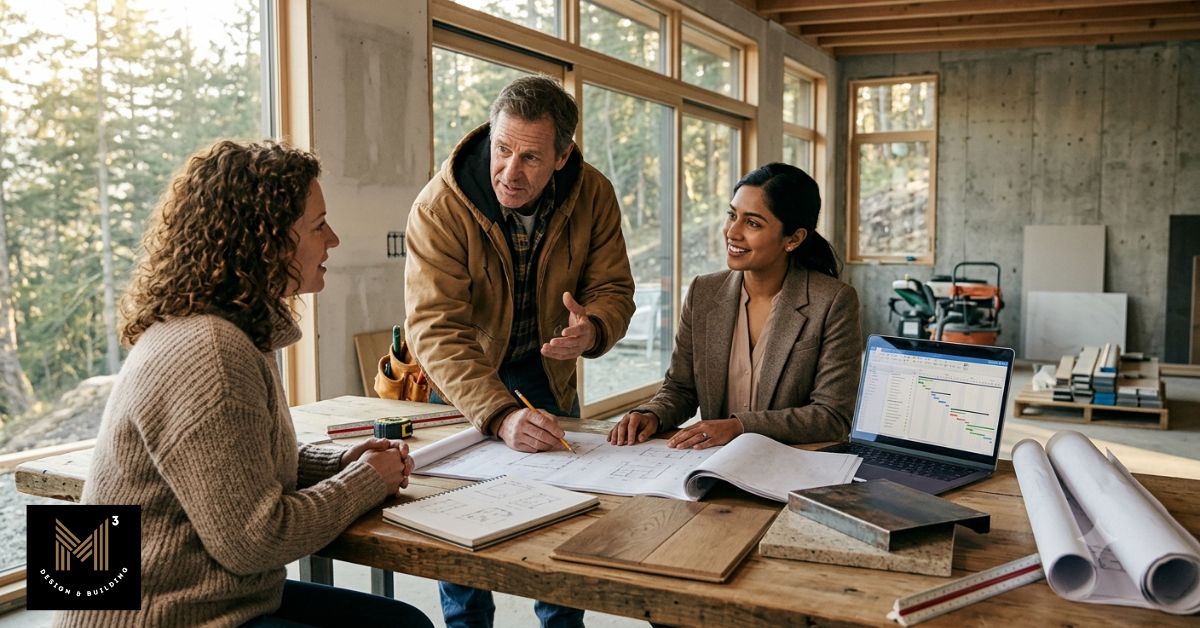 Construction professionals comparing project roles while reviewing plans to understand the difference between a construction manager and general contractor.