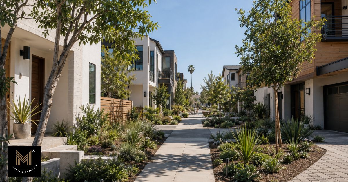 Small lot residential community illustrating how current Los Angeles design standards shape site layout, streetscape, and pedestrian access.