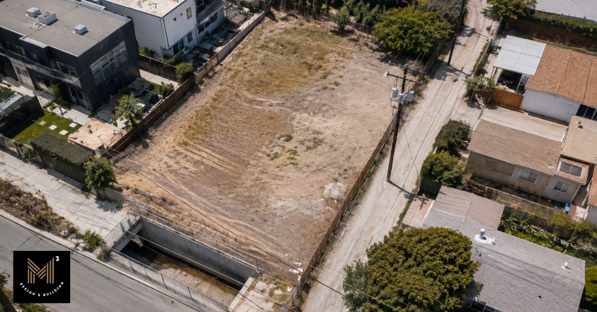 Aerial site analysis of an undeveloped residential lot highlighting property access, easements, and right-of-way considerations before construction.