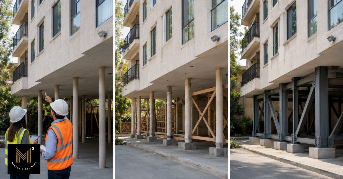 Progression of a soft-story apartment building through seismic retrofit, from engineering inspection to completed steel braced-frame installation.