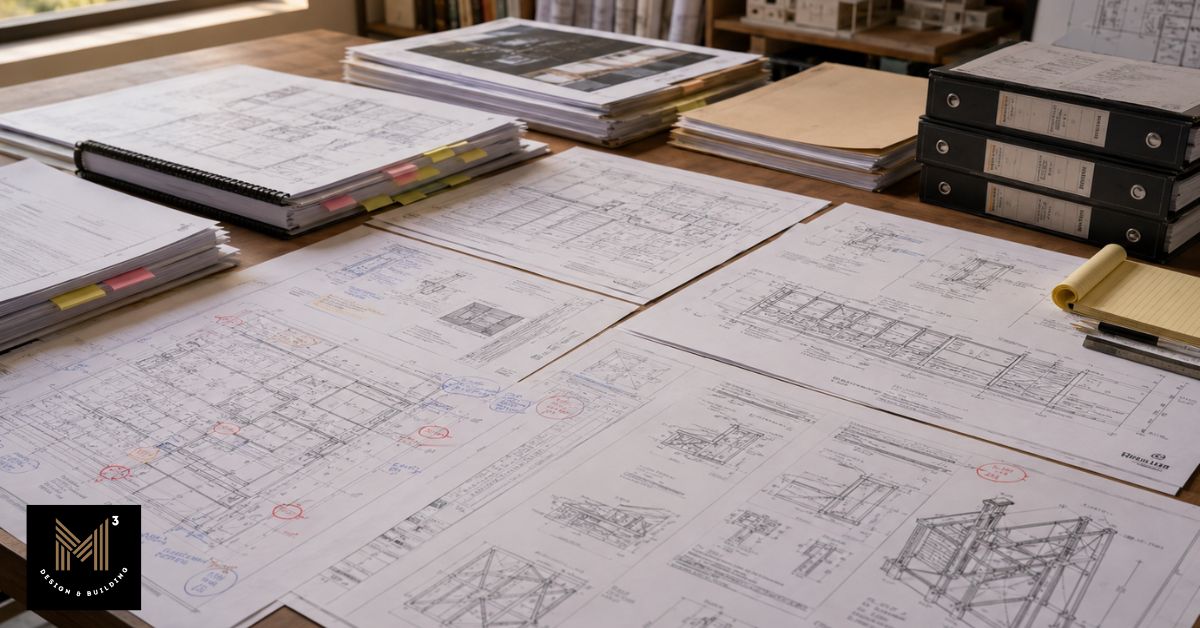 Seismic retrofit engineering drawings and structural plans under plan check before permit approval in Los Angeles.