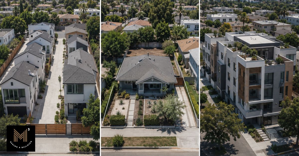 Three Los Angeles residential development types showing how current small lot design standards compare with proposed Missing Middle LA housing concepts.