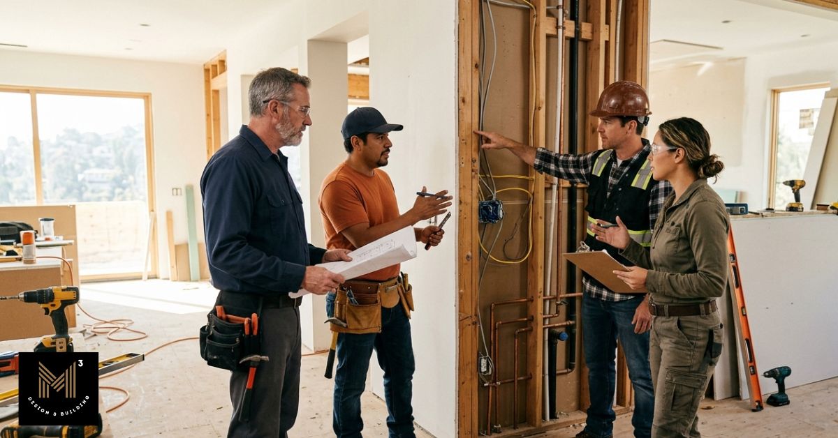 Construction professionals coordinating subcontractor work on-site during a residential renovation project.