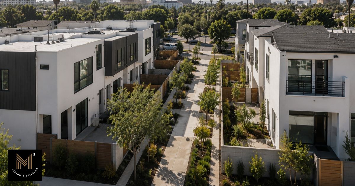 Modern residential community showing compact small lot homes and landscaped pedestrian access within a Los Angeles development.