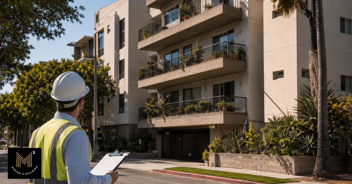 Engineer inspecting an existing Los Angeles apartment building during the initial review following a seismic retrofit order from LADBS.