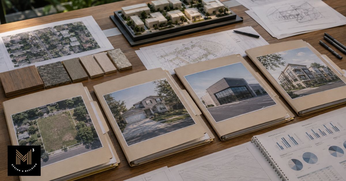 Construction feasibility study materials including property surveys, site photographs, architectural drawings, development models, and project analysis documents.