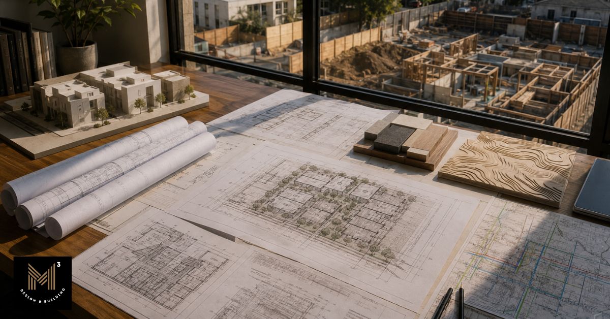 Construction site viewed alongside architectural plans and project models representing integrated design-build coordination for small lot developments.
