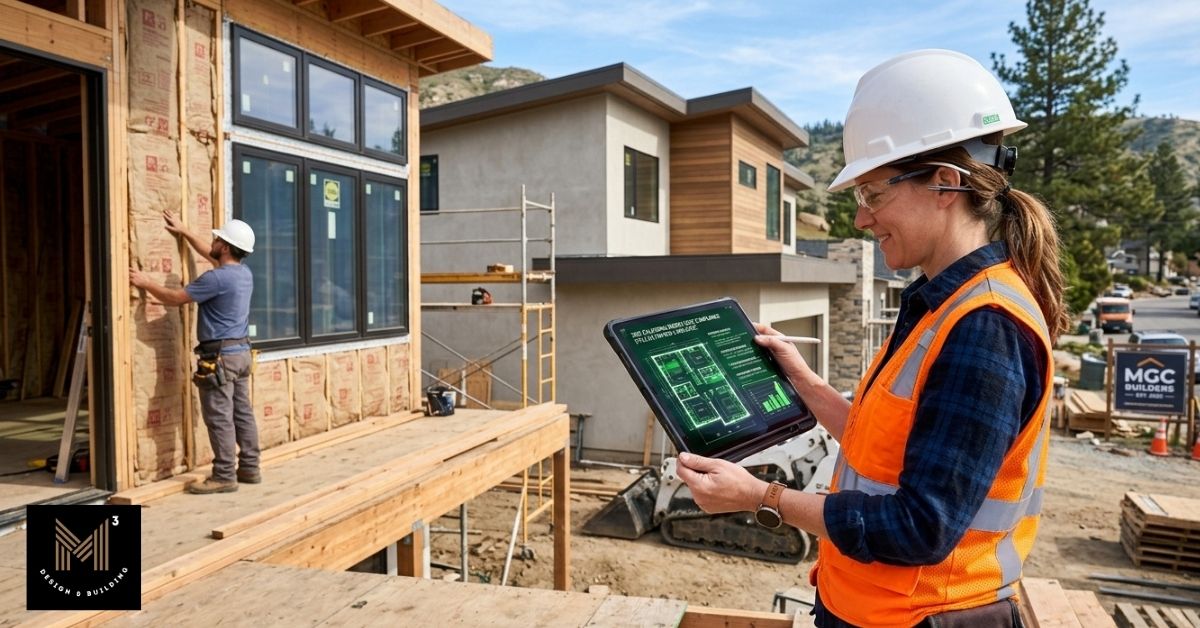 A female inspector holding a tablet showing architectural energy compliance plans while a worker installs wall insulation on a residential construction site.