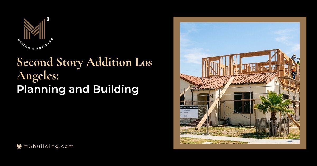 Wood framing construction for a second-story house addition on a residential property in Los Angeles.