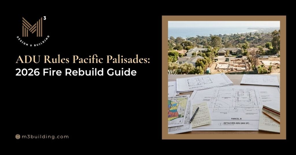 Architectural plans for a detached ADU overlooking a Pacific Palisades hillside neighborhood during the 2026 fire rebuilding process.