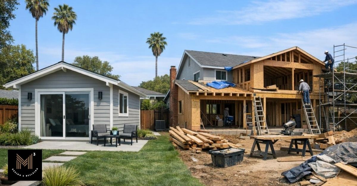 Completed detached ADU beside a primary residence under reconstruction, illustrating early ADU occupancy during the Pacific Palisades fire rebuild.