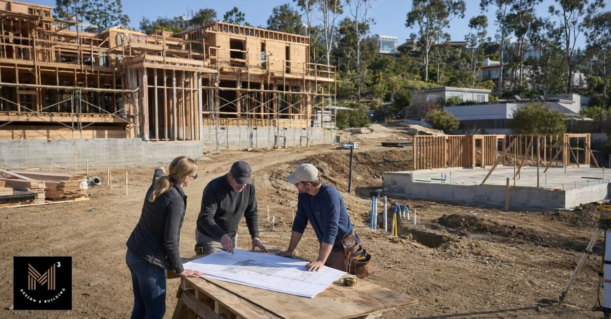 Architect, contractor, and project team reviewing construction plans while coordinating a Pacific Palisades home rebuild and ADU project.