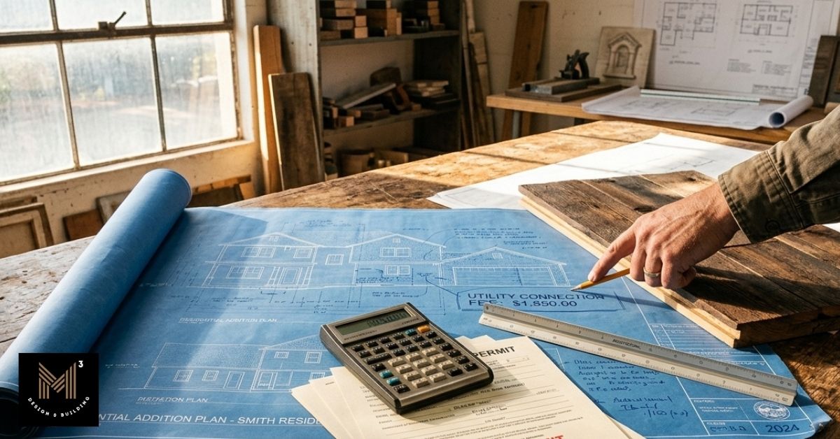 A architect's hand pointing at architectural blueprints with a calculator, scale ruler, and permit documents, illustrating cost factors for adding a second story