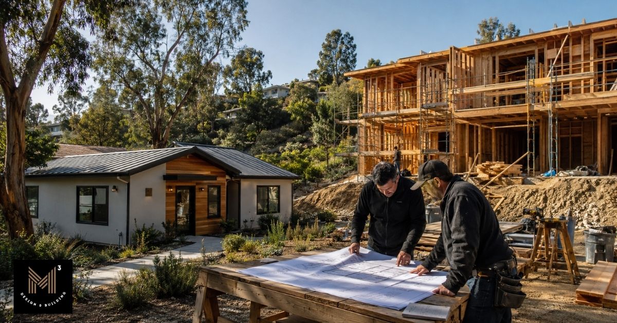 New detached ADU beside a primary residence under construction in Pacific Palisades, illustrating fire hazard and building code requirements during rebuilding.