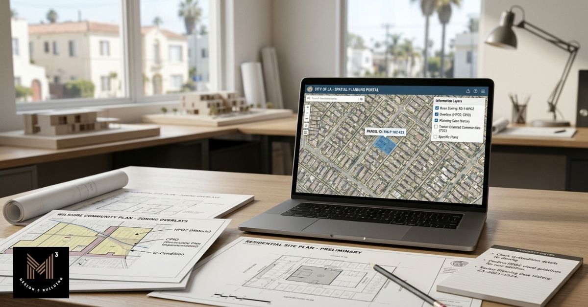 A Los Angeles zoning map on an architect's desk with sticky notes marking historical review requirements and zoning classifications like R1-1-RIO.