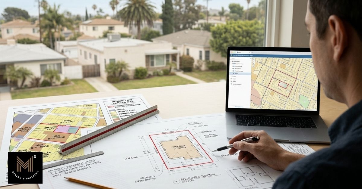 An architect reviewing a Los Angeles GIS zoning map on a laptop alongside site plan blueprints and setback diagrams near a window overlooking a residential neighborhood.