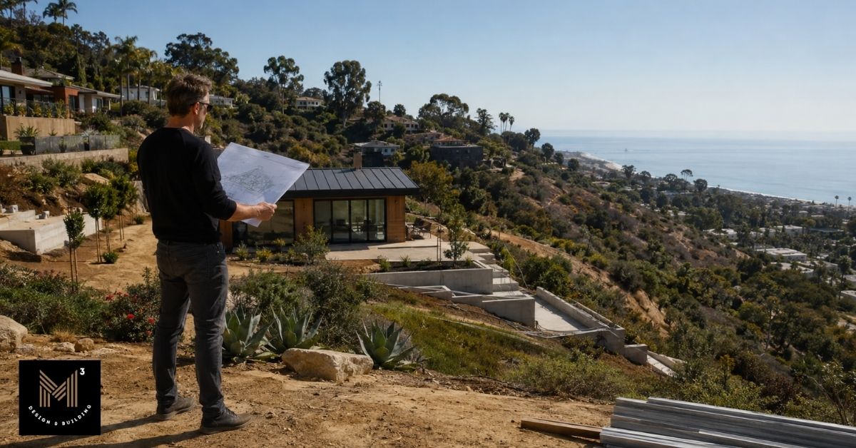 Architect reviewing ADU plans on a coastal hillside property in Pacific Palisades, illustrating modified coastal review for qualifying fire-rebuild ADUs.