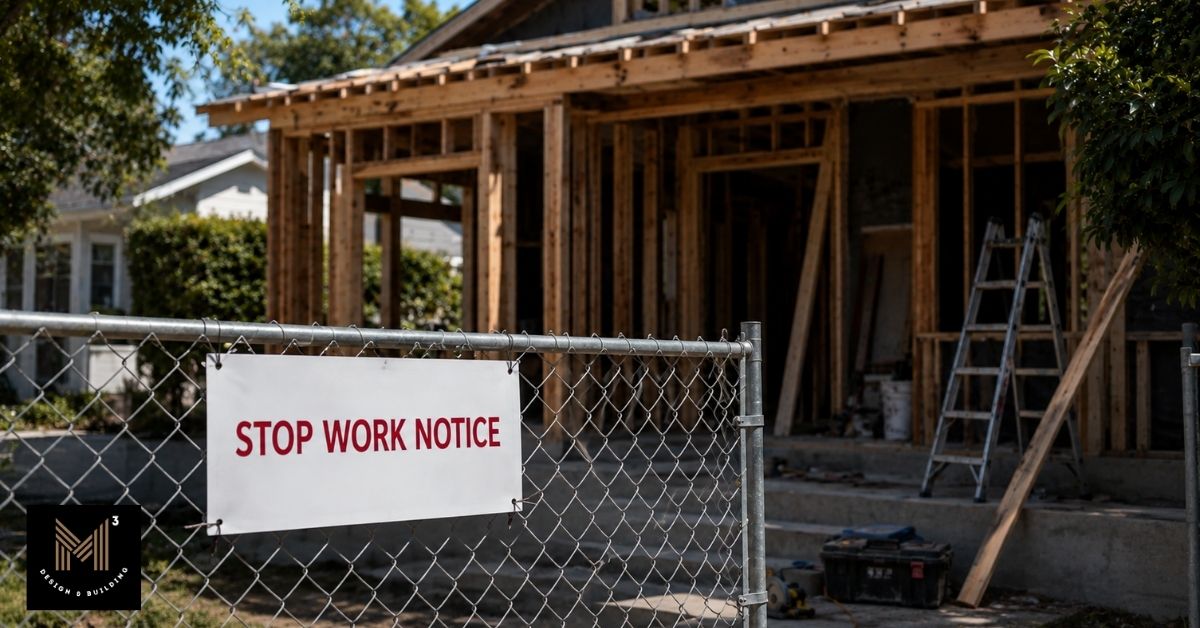 A Stop Work Notice sign posted on a chain-link fence in front of an unfinished residential construction site.